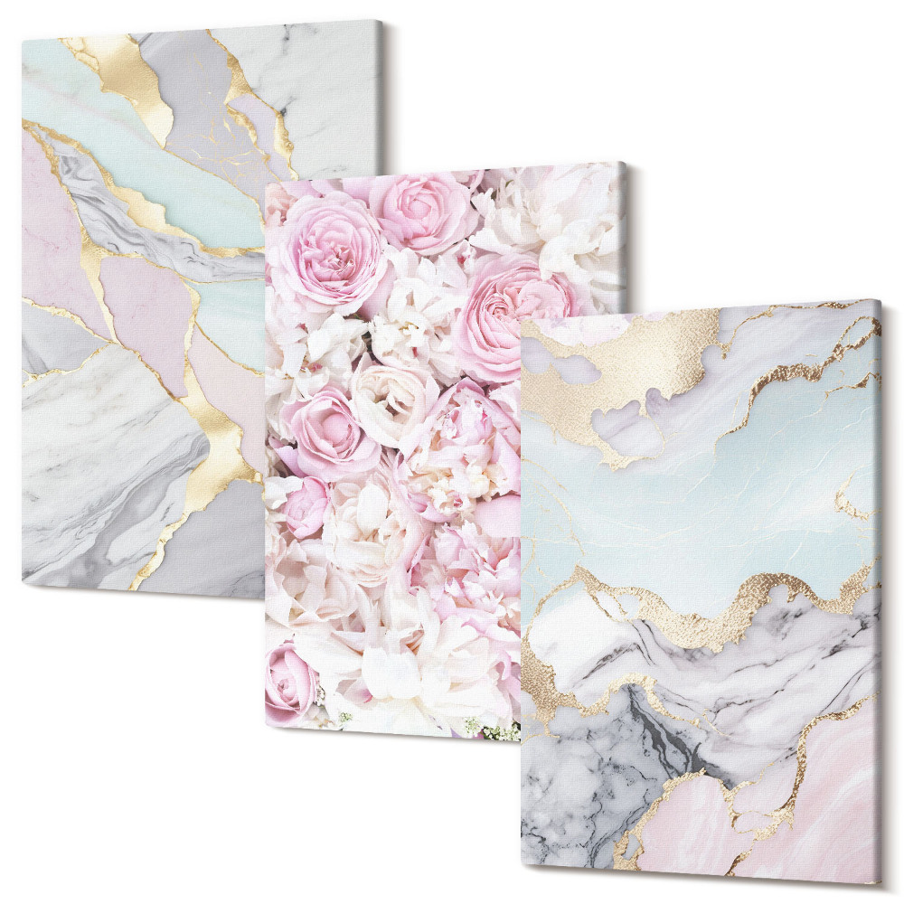 Zestaw obrazów 3 części tryptyk Różowe kwiaty z marmurowymi i pastelowymi wzorami