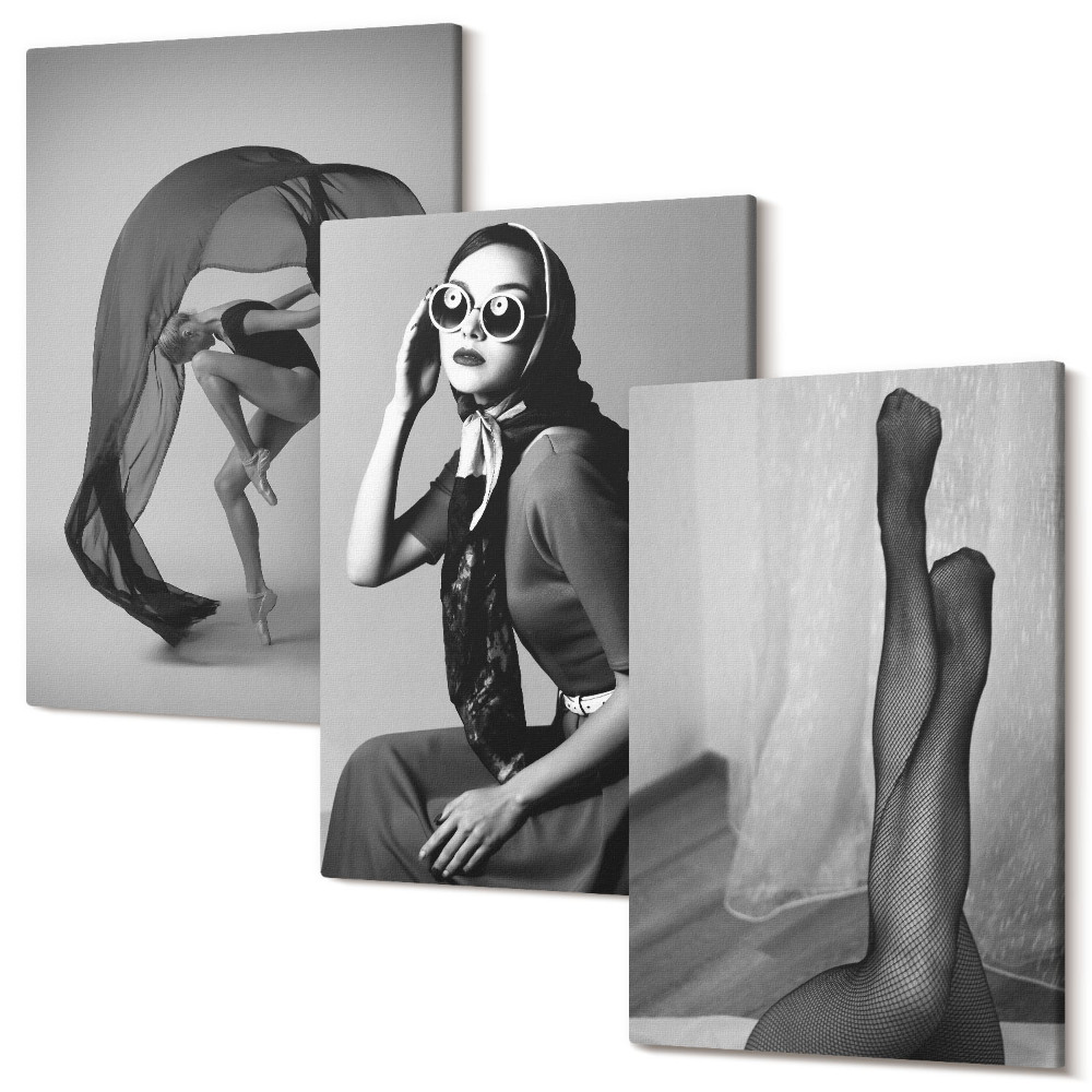 Zestaw obrazów 3 części tryptyk Stylowe czarno-białe portrety kobiet w eleganckich pozach
