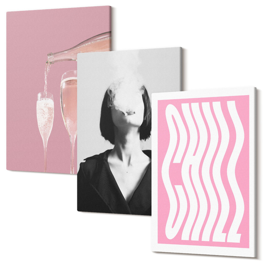 Zestaw obrazów na płótnie tryptyk Stylowy portret kobiety szampan relaks