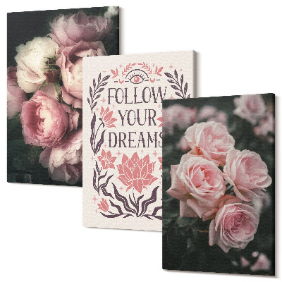 Zestaw obrazów tryptyk na ścianę Vintage róże z napisem o marzeniach