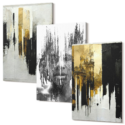 Zestaw obrazów 3 części tryptyk Kontrastujące abstrakcje z portretem i architekturą