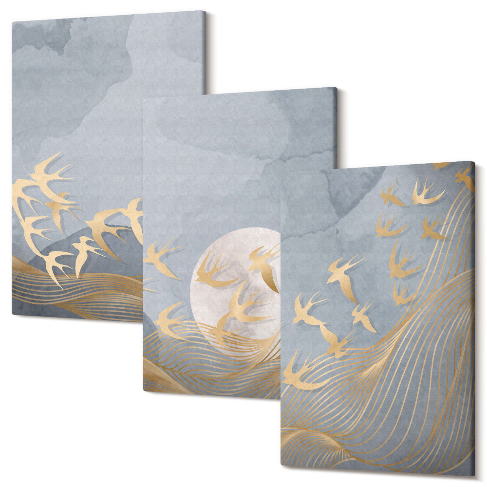 Zestaw obrazów tryptyk na ścianę Ptaki w locie na tle nieba i księżyca