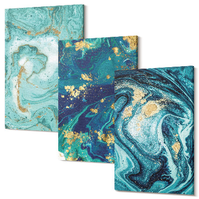 Zestaw obrazów 3 części tryptyk Turkusowa abstrakcja rozlanych farb