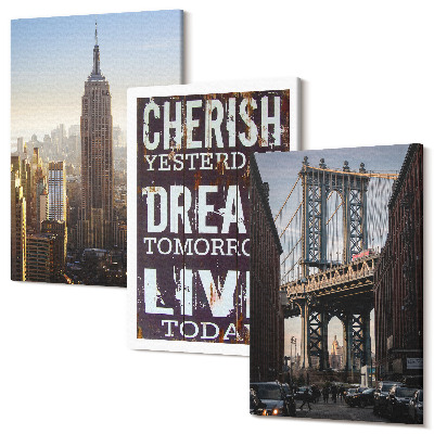 Zestaw obrazów 3 części tryptyk Nowojorskie pejzaże z inspirującym cytatem