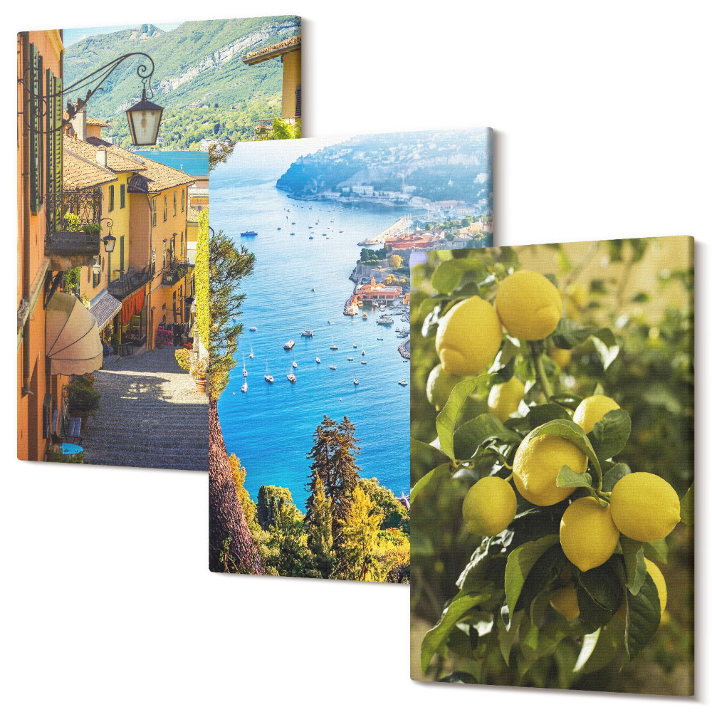 Zestaw obrazów tryptyk na ścianę Malownicze uliczki nadmorskie widok na morze i cytryny
