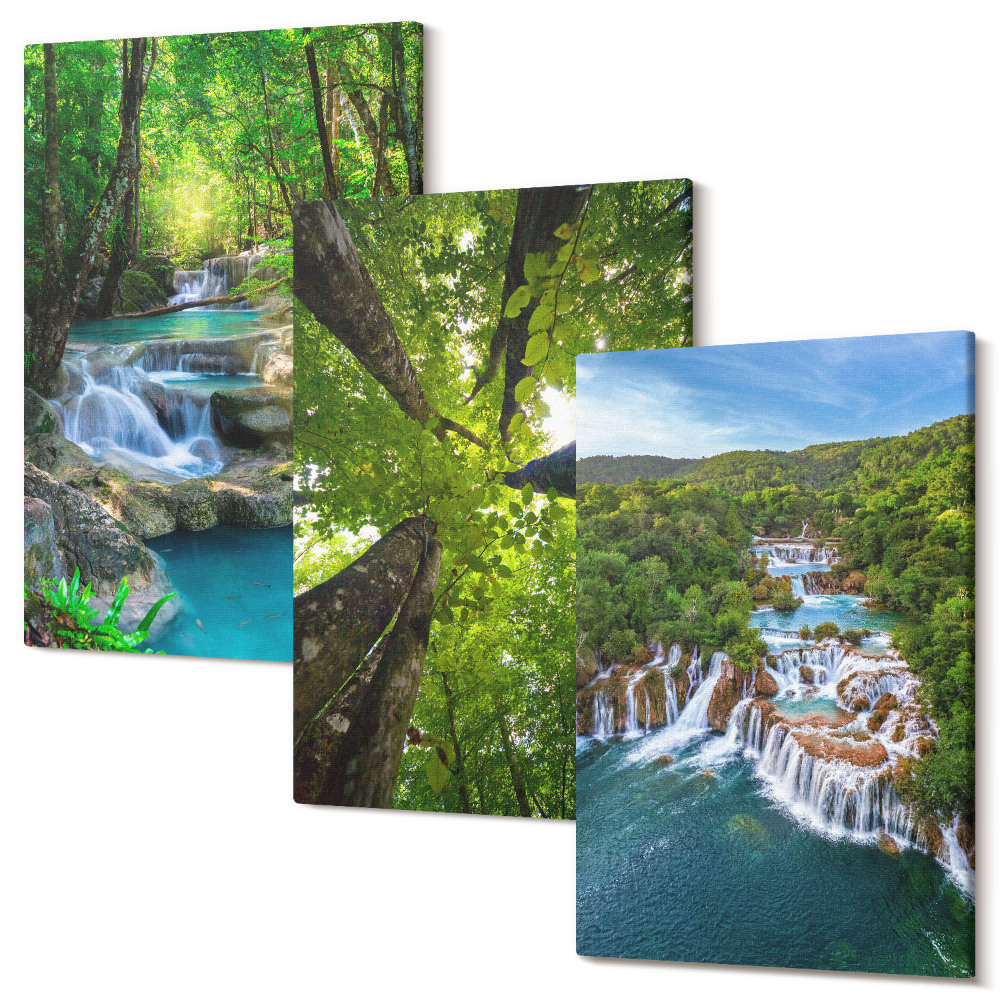 Zestaw obrazów tryptyk na ścianę Wodospady w zielonym lesie z krystalicznie czystą wodą