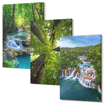 Zestaw obrazów tryptyk na ścianę Wodospady w zielonym lesie z krystalicznie czystą wodą
