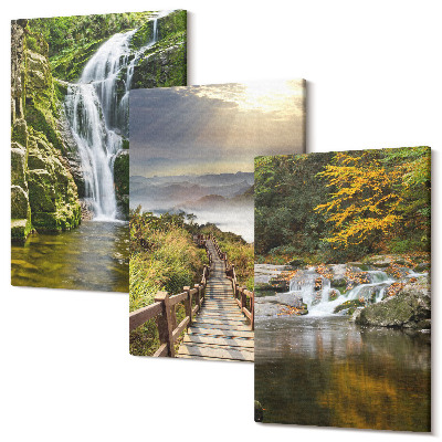 Zestaw obrazów 3 części tryptyk Wodospady góry ścieżki w chmurach i jesienne widoki