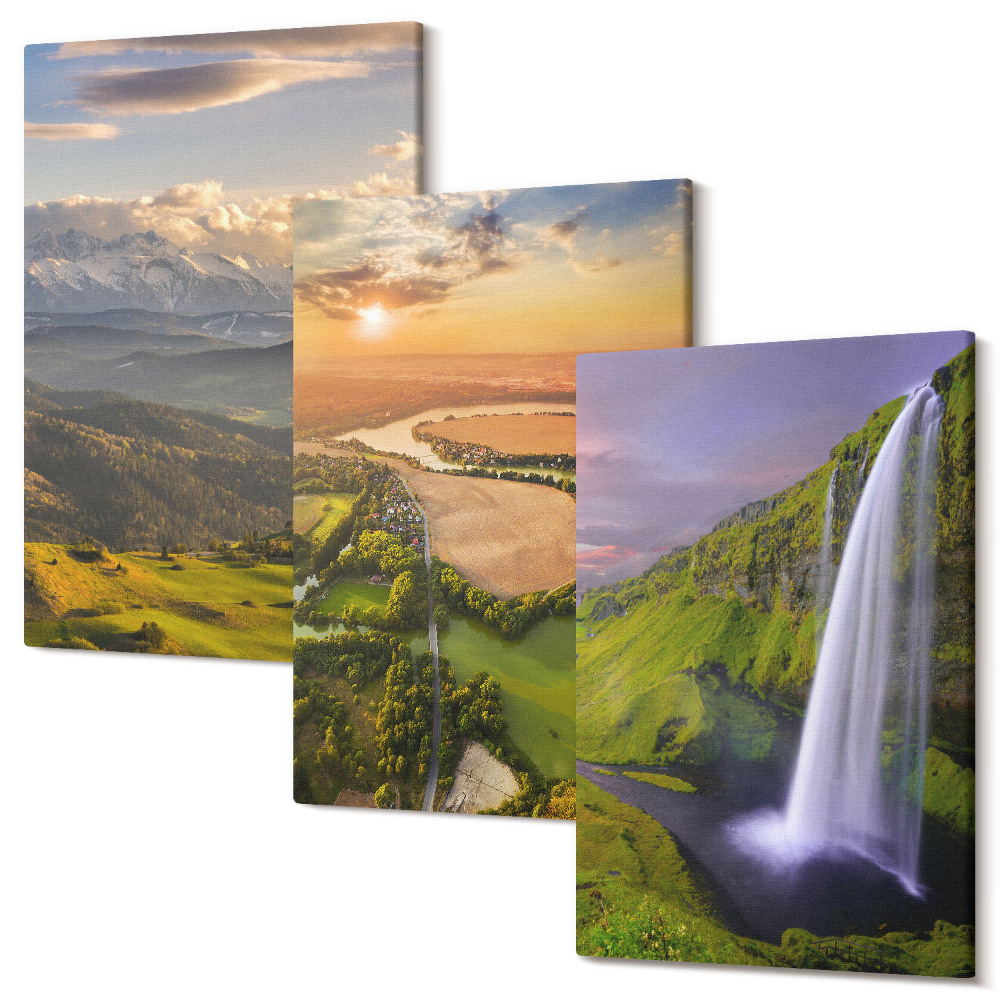 Zestaw obrazów tryptyk na ścianę Widoki górskie rzeki i wodospadu w naturze