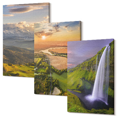 Zestaw obrazów tryptyk na ścianę Widoki górskie rzeki i wodospadu w naturze