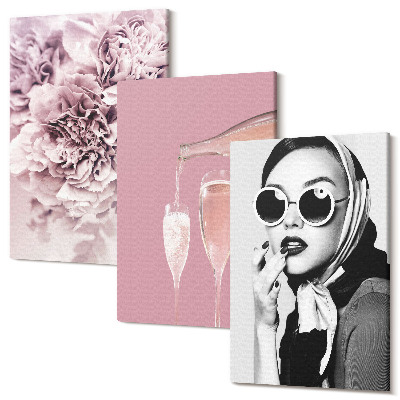 Zestaw obrazów na płótnie tryptyk Kwiaty w odcieniach różu i elegancka kobieta