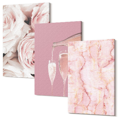 Zestaw obrazów 3 części tryptyk Róże szampan i marmurowe tło w pastelowych kolorach