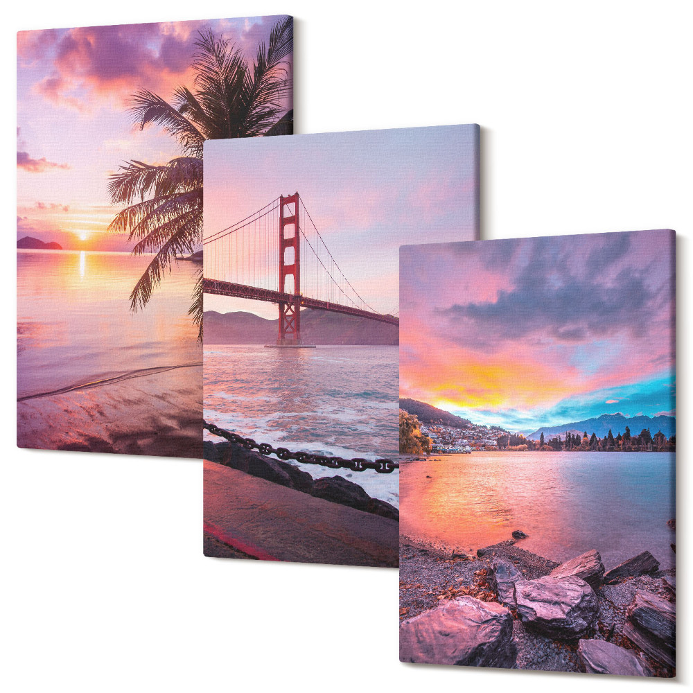 Zestaw obrazów na płótnie tryptyk Zachody słońca nad mostem i krajobrazem wodnym
