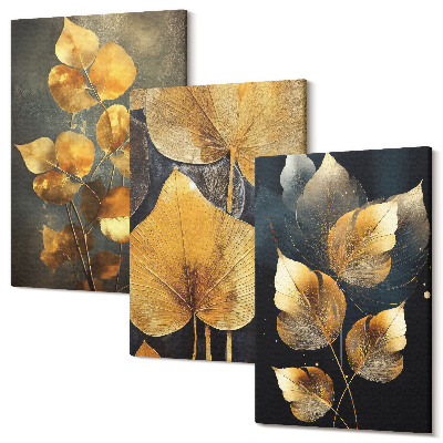 Zestaw obrazów 3 części tryptyk Liście w odcieniach żółtego na ciemnym tle