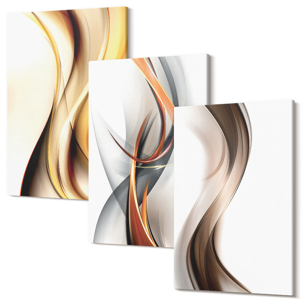 Zestaw obrazów tryptyk na ścianę Fale w odcieniach żółtego szarości i brązu