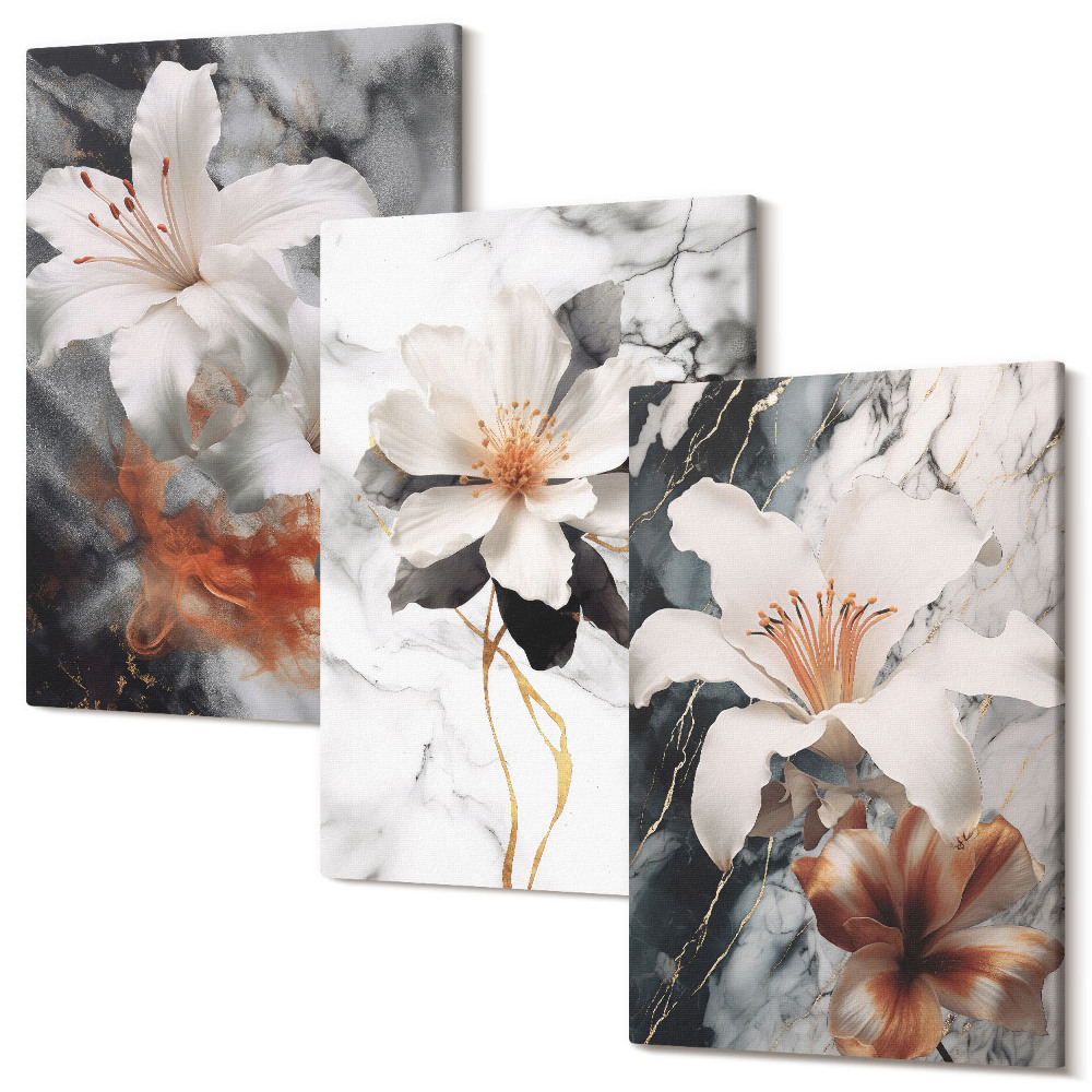 Zestaw obrazów tryptyk na ścianę Kwiaty na tle marmuru w odcieniach bieli i czerni