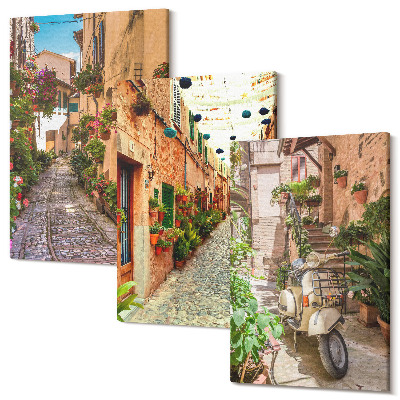 Zestaw obrazów na płótnie tryptyk Urokliwe uliczki z kwiatami we włoskim klimacie