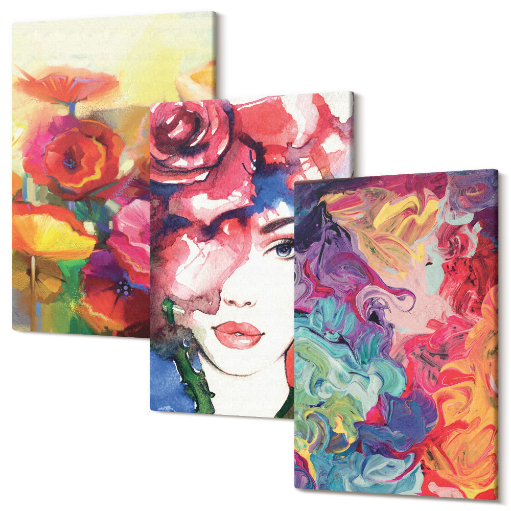 Zestaw obrazów 3 części tryptyk Kwiaty w intensywnych kolorach portret kobiety abstrakcja