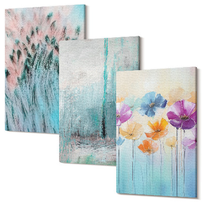 Zestaw obrazów na płótnie tryptyk Kwiaty na tle pastelowych barw i delikatnych wzorów