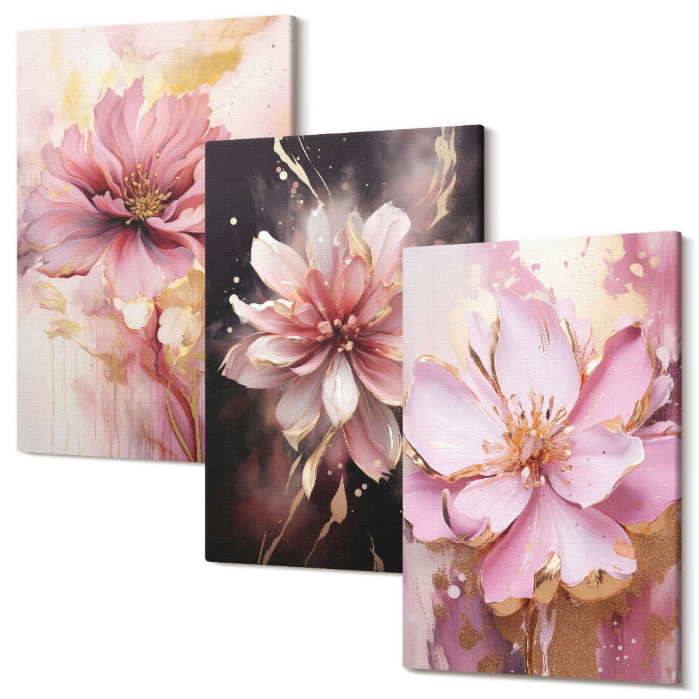 Zestaw obrazów 3 części tryptyk Kwiatowe kompozycje w odcieniach różu i bieli