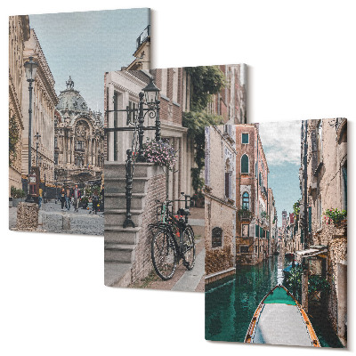 Zestaw obrazów na płótnie tryptyk Weneckie uliczki miast z architekturą i wodą