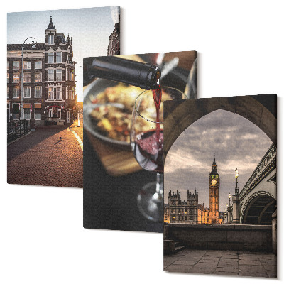 Zestaw obrazów tryptyk na ścianę Zestaw obrazów z miastem jedzeniem i widokiem na Londyn