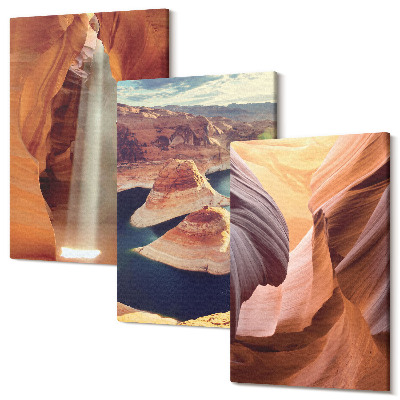 Zestaw obrazów 3 części tryptyk Wodospad w wąwozie formacje skalne w kanionie
