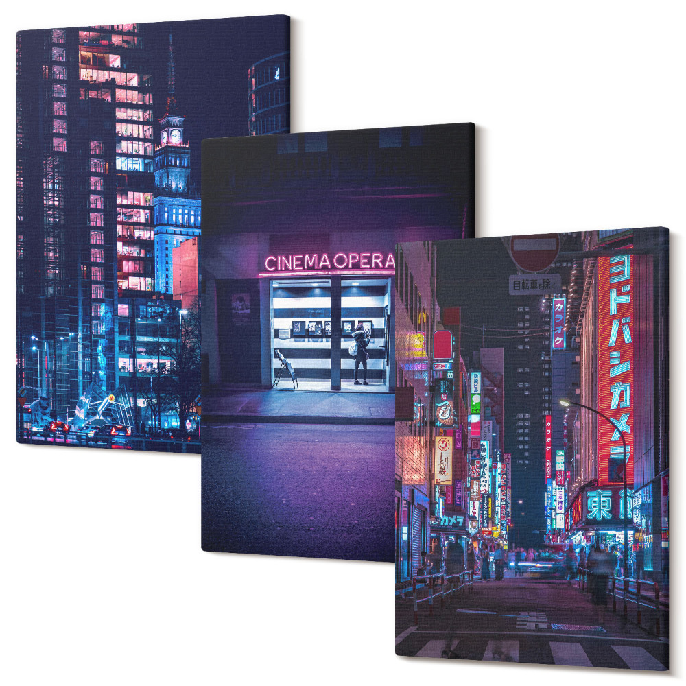 Zestaw obrazów tryptyk na ścianę Nocne miasto z neonami i kinowym wejściem