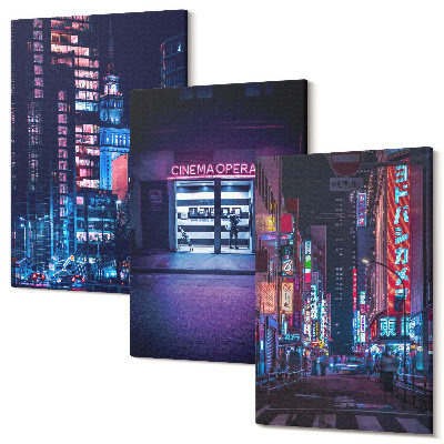 Zestaw obrazów tryptyk na ścianę Nocne miasto z neonami i kinowym wejściem