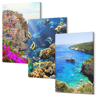 Zestaw obrazów na płótnie tryptyk Widoki nadmorskie z kolorowymi domami i rafą koralową