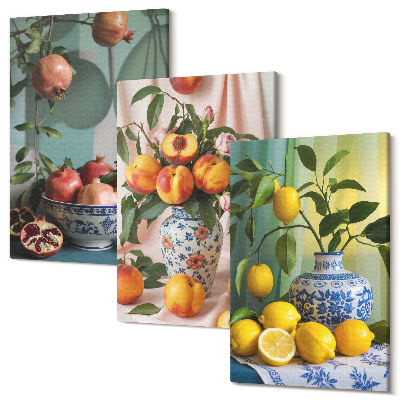 Zestaw obrazów tryptyk na ścianę Owoce granatu brzoskwinie i cytryny w wazonach