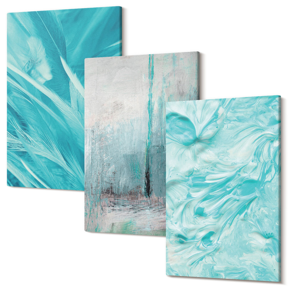 Zestaw obrazów tryptyk na ścianę Odcienie błękitu w delikatnych wzorach abstrakcyjnych