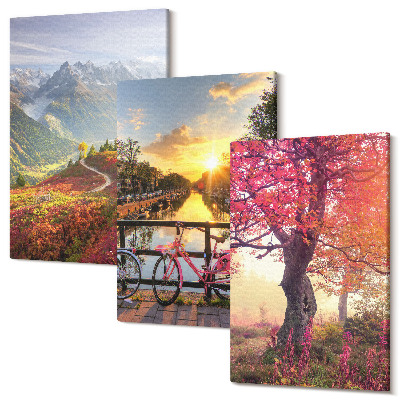 Zestaw obrazów tryptyk na ścianę Krajobrazy górskie z rowerem i jesiennym drzewem