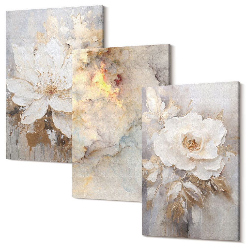 Zestaw obrazów 3 części tryptyk Kwiaty na jasnym tle z abstrakcyjnymi wzorami