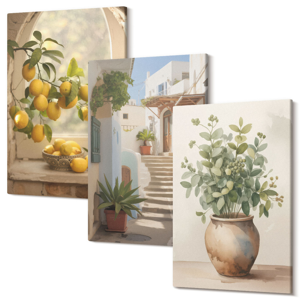 Zestaw obrazów na płótnie tryptyk Cytryny w wazonie i rośliny w białej architekturze