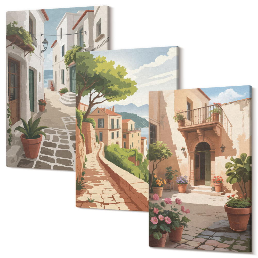 Zestaw obrazów tryptyk na ścianę Malownicze uliczki z domami i roślinami w donicach