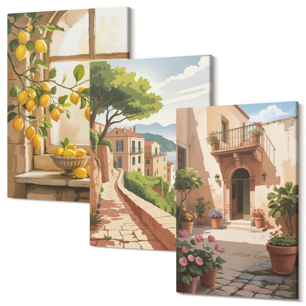 Zestaw obrazów na płótnie tryptyk Owoce cytrusowe w kuchni widok na morze i urokliwe miasteczko