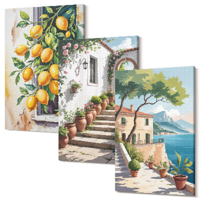 Zestaw obrazów 3 części tryptyk Cytryny na tle kwiatów i widoki nadmorskie