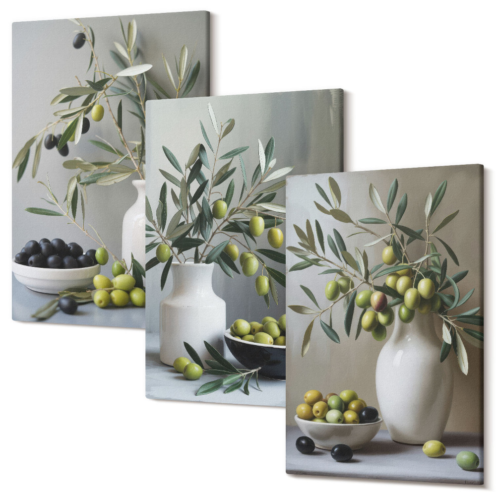 Zestaw obrazów tryptyk na ścianę Oliwki w wazonach z gałązkami na tle szarości