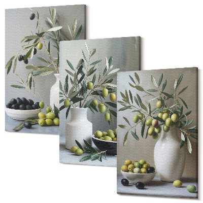 Zestaw obrazów tryptyk na ścianę Oliwki w wazonach z gałązkami na tle szarości