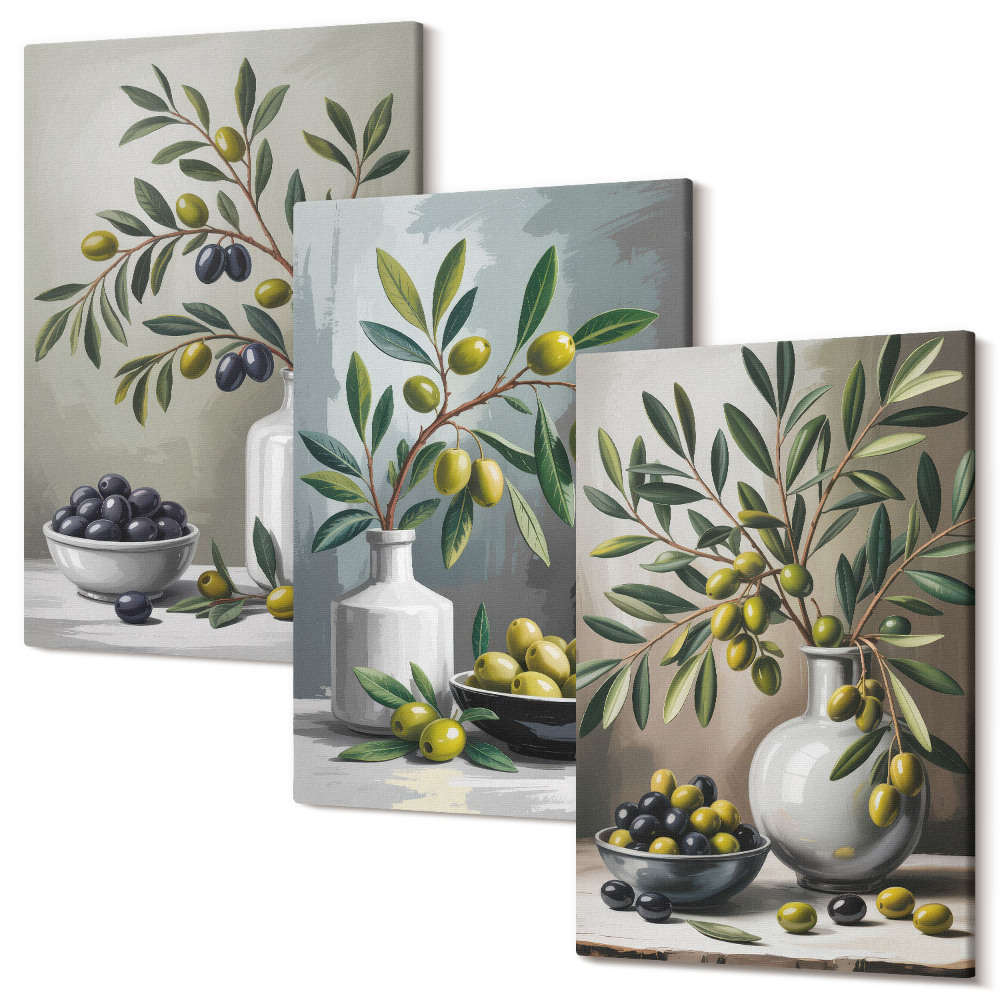Zestaw obrazów 3 części tryptyk Oliwki w ceramicznych naczyniach na tle szarości