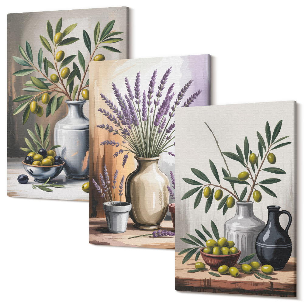 Zestaw obrazów na płótnie tryptyk Kwiaty i oliwki w wazonach na jasnym tle