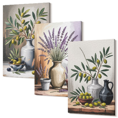 Zestaw obrazów na płótnie tryptyk Kwiaty i oliwki w wazonach na jasnym tle