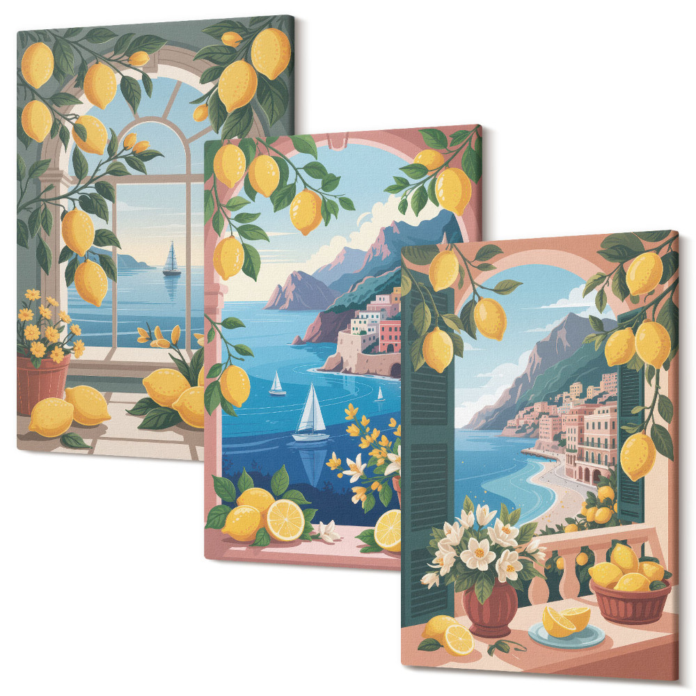 Zestaw obrazów tryptyk na ścianę Widok na morze okna z włoskimi cytrynami