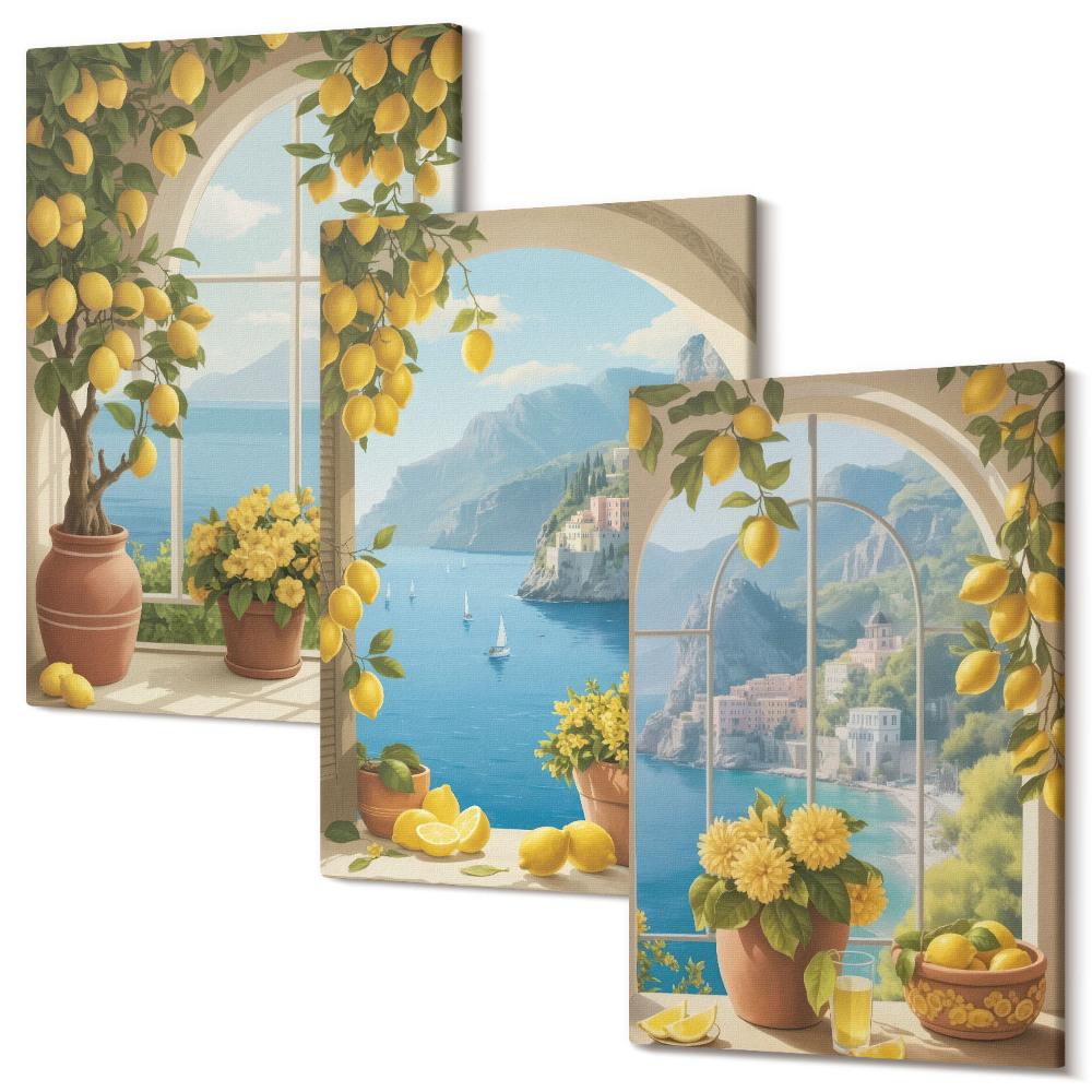 Zestaw obrazów 3 części tryptyk Krajobrazy morza z włoskimi cytrynami w oknach