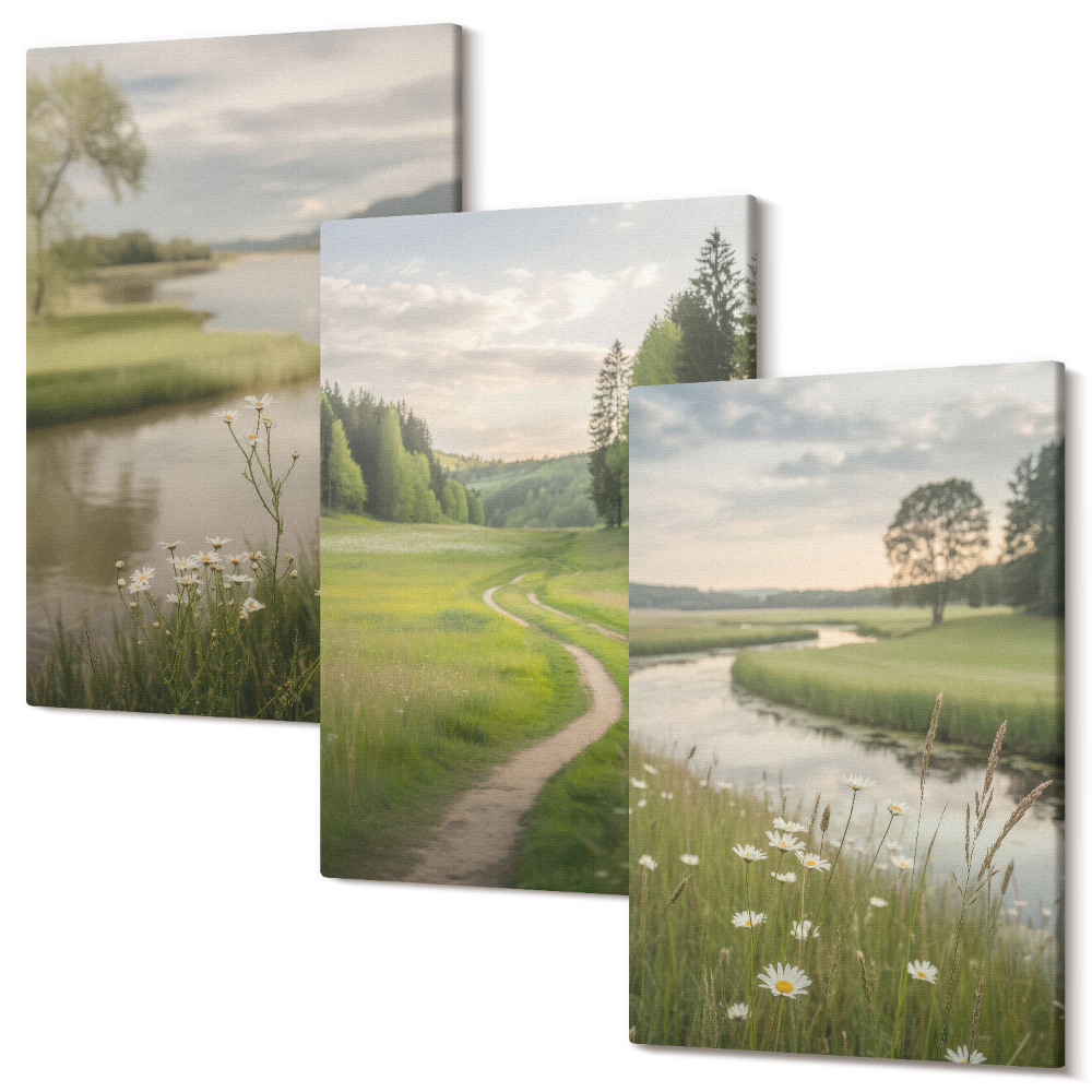 Zestaw obrazów 3 części tryptyk Spokojne krajobrazy lata z rzeką i łąką kwiatów