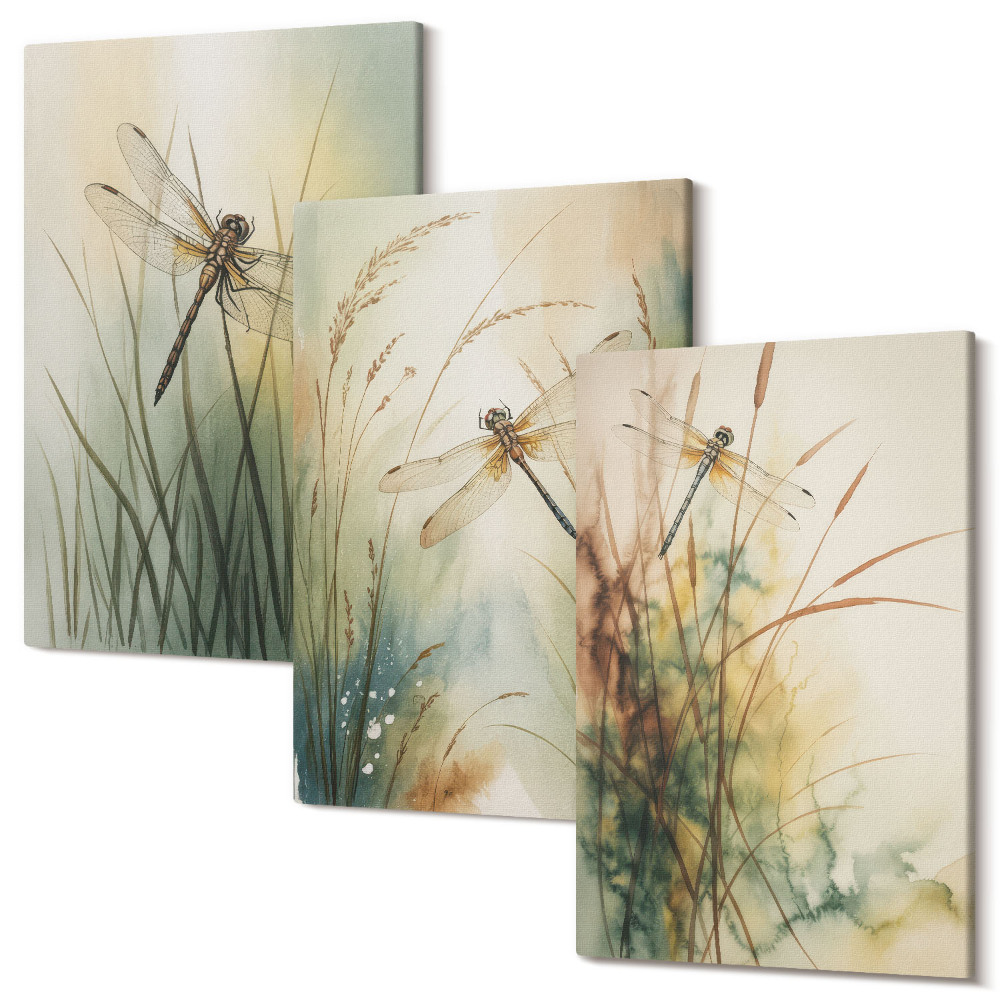 Zestaw obrazów 3 części tryptyk Malowane trawy z ważkami nad wodą