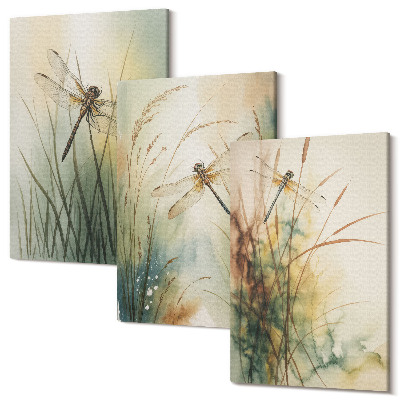 Zestaw obrazów 3 części tryptyk Malowane trawy z ważkami nad wodą