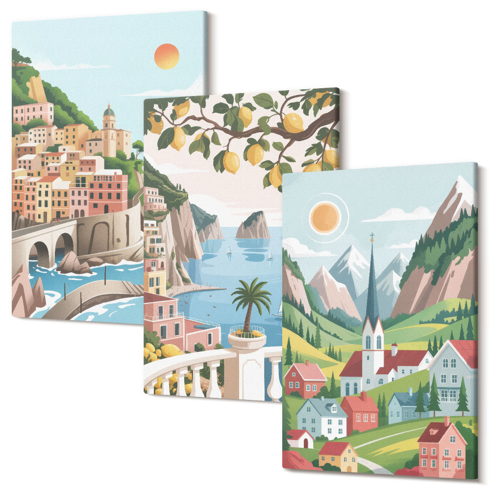 Zestaw obrazów tryptyk na ścianę Malownicze krajobrazy z morzem i cytrusami