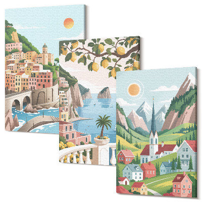 Zestaw obrazów tryptyk na ścianę Malownicze krajobrazy z morzem i cytrusami